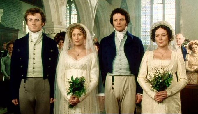 Double mariage des soeurs Bennet avec Bingley et Darcy. Les robes de mariées blanches ne sont pas du tout d'époque. On ne se mariait pas en blanc du temps de Jane Austen.