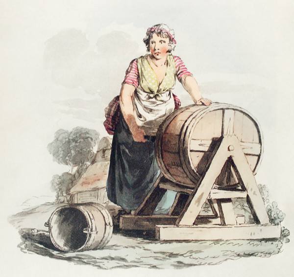 "The dairy-maid", par William Alexander (1814). Crémière en train de fabriquer de la crème ou du beurre au XIXème siècle
